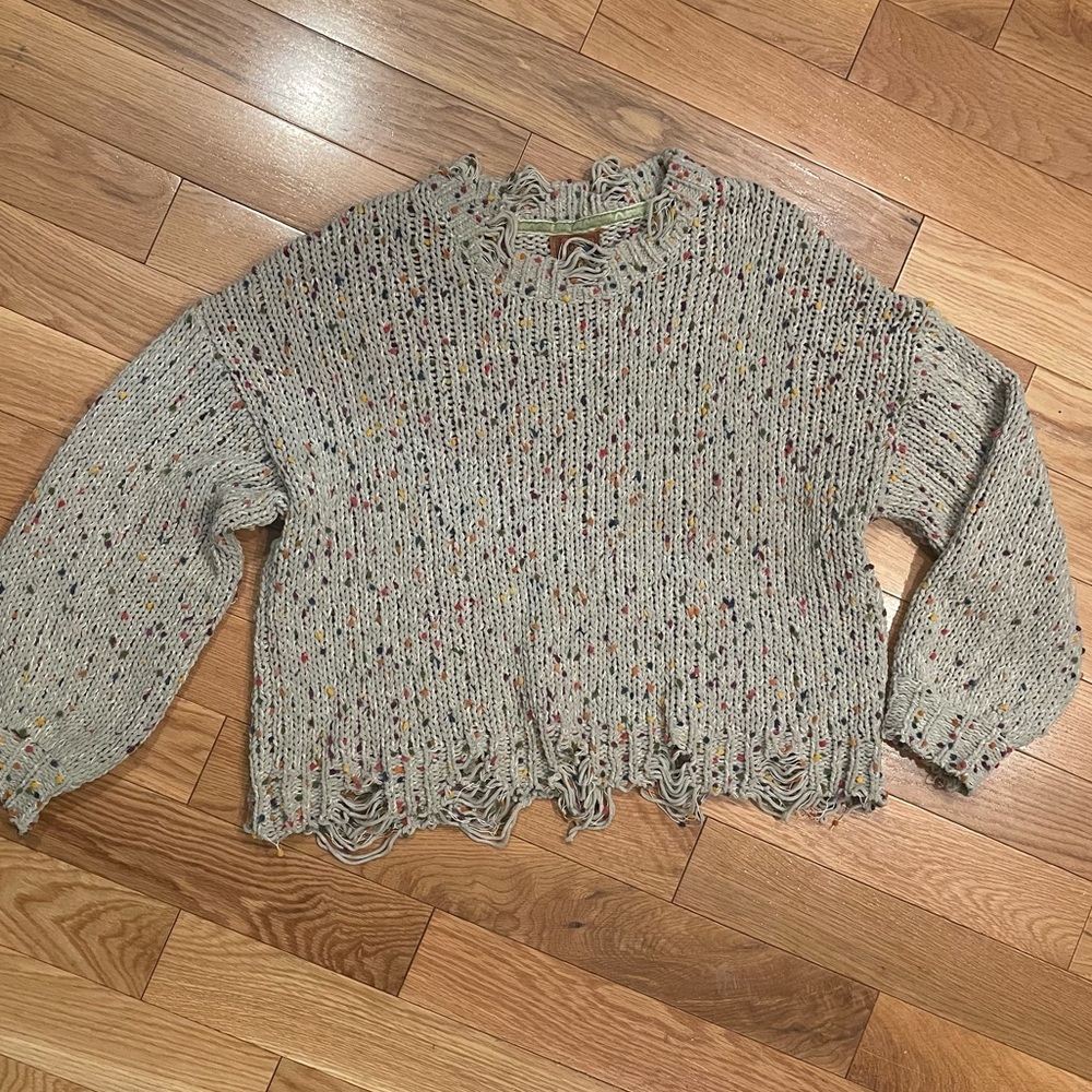 POL Distressed Knit Cream Cropped Confetti‎ Sweater